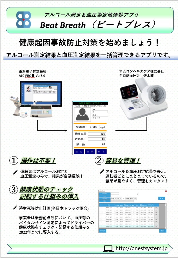アルコール測定器 血圧計連動ソフト Beatbreath ビートブレス 株式会社アネストシステム